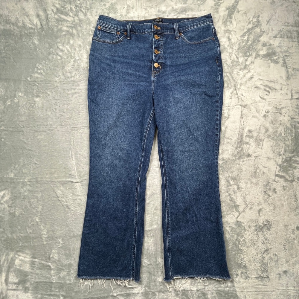 J.Crew High-Rise Flare Crop Women Blue Button Fly Raw Hem Jeans CB368 32